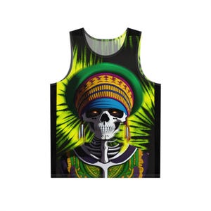 Men&#39;s Jamaican Skull Tank Top: Black & Green Beanie Design