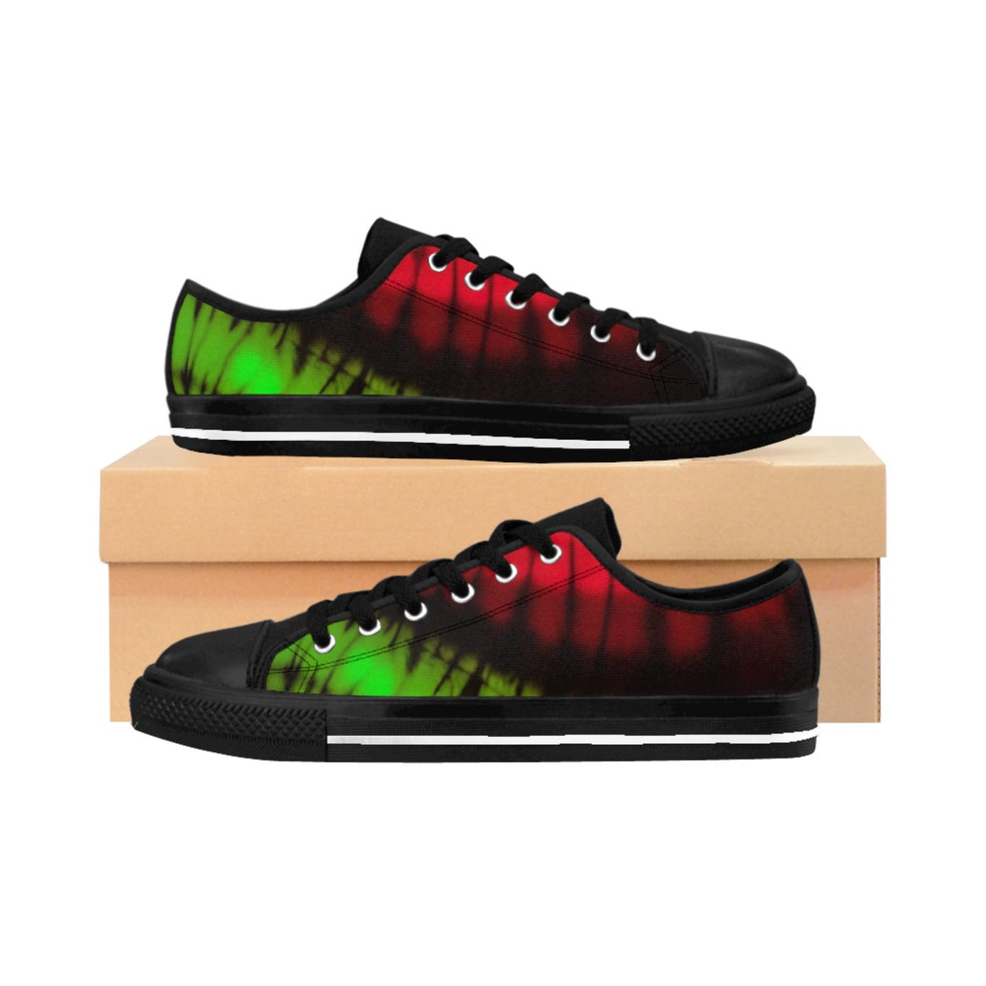 Men's Low Cut Sneakers, Wavy Colors Sneakers, Black Red Green Design ...