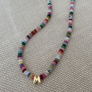 Custom Beaded Initial Necklace • Multicolored Gemstone Necklace • Gold Bubble Initial • Personalized Gift for Her • Handmade Jewelry