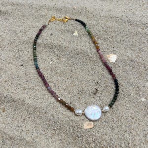 Dainty Handmade Beaded Necklace – Multi Color Tourmaline Gemstones & Baroque Freshwater Pearls