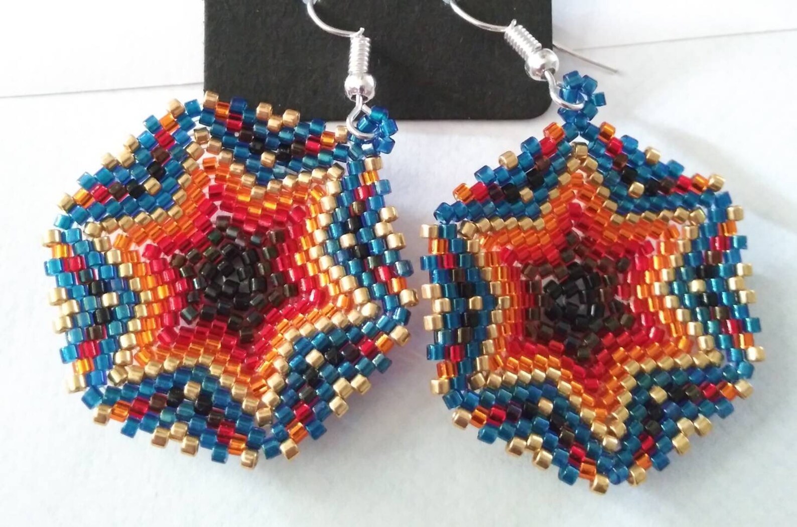 Beaded basket earrings. Metallic blue. Etsy