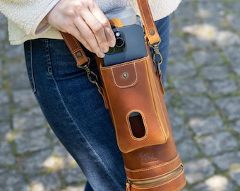 Hydro Flask 32 oz and 40 oz Leather Crossbody Purse, Leather Hydro Flask Bottle Carrier with Phone Pocket, Hydro Flask Water Bottle Bag