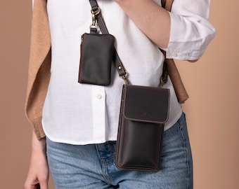 Handcrafted Leather Crossbody Phone Bag with Mini Pouch