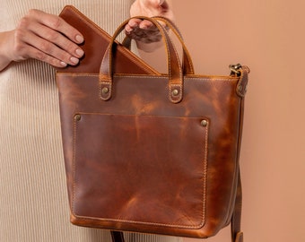 Personalized Leather Tote Bag: Full-Grain Shoulder & Mini Crossbody for Women