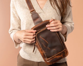 Personalized Leather Sling Bag, Handcrafted Chest Bag, Full Grain Leather Fanny Pack Crossbody Bag