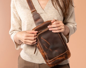 Personalized Leather Sling Bag, Handcrafted Chest Bag, Full Grain Leather Fanny Pack Crossbody Bag