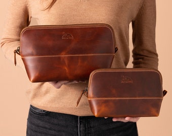 Personalized Leather Makeup Bag, Womens Travel Toiletry Bag