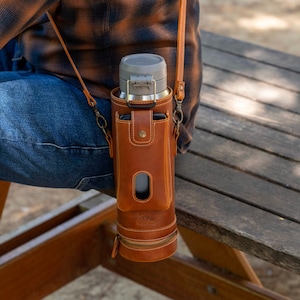 Personalized Leather Water Bottle Carrier: Hiker Pouch with Front Pocket