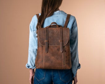 PERSONALIZED Convertible Leather Backpack For Women, Full Grain Leather Shoulder Bag Laptop Bag
