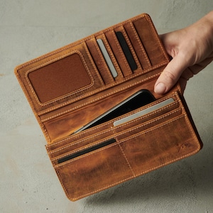 Long portefeuille personnalisé en cuir fait main pour femme, Carte de crédit en cuir pleine fleur, Porte-cartes pour femme avec protection RFID