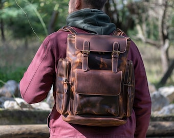 Mochila de viaje grande de cuero personalizada para hombre, mochila para  portátil de 15 pulgadas de cuero de grano completo
