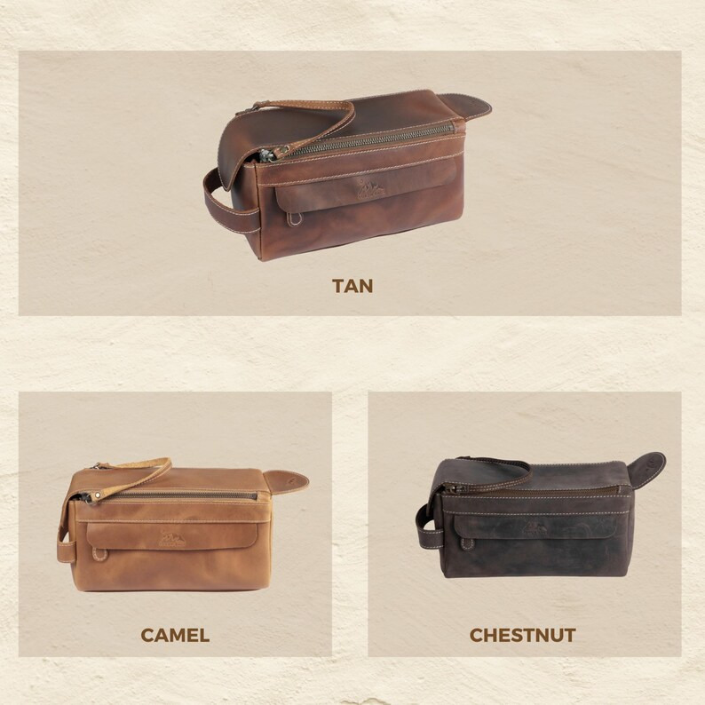 Comparison grid of the Yukon Bags leather color palette: Tan, Dark Brown, and Chestnut.