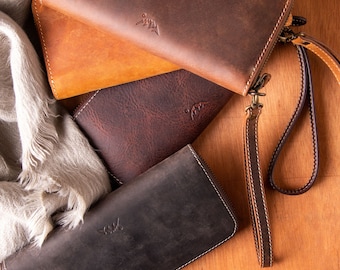 Cartera de cuero personalizada para mujer - Cartera de cuero grande - Cartera con monograma y cierre de cremallera alrededor con correa para la muñeca - Regalo para ella