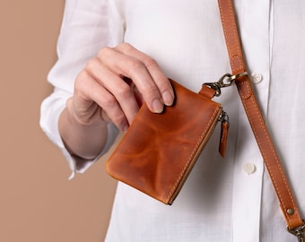 Leather Mini Pouch with Snap Hook: Personalized Small Zipper Holder