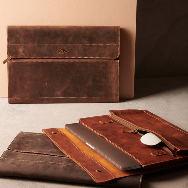 Leather MacBook Pro/Air 13 M3, M2 and M1 Sleeve Bag , Personalized Full Grain Leather 13" 14" 15" 16" M2 Macbook Case