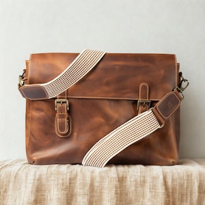 Sac messager en cuir de 15 pouces - Grande sacoche pour ordinateur portable avec sangle en toile, sac à bandoulière fait main pour homme, bureau ou école