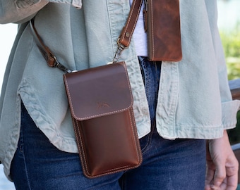 Leather Crossbody Phone Bag, Personalized Slim Shoulder Bag with Mini Pouch