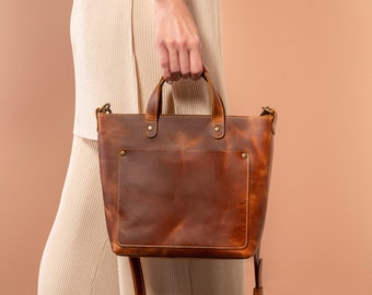 Women Leather Mini Tote Bag, Handcrafted Mini Tote Crossbody Bag, Personalization Mini Leather Handbag with Zipper