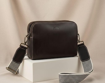 Full Grain Leather Crossbody Bag, Mini Purse, 2 Interchangeable Straps, YKK Zippers