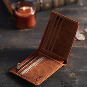 Billetera de cuero plegable personalizada con bolsillo para identificación, billetera de cuero para efectivo con monograma, regalo para él
