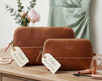 Personalized Leather Toiletry Bag Set, Bridesmaid Maid of Honor Wedding Party Gift