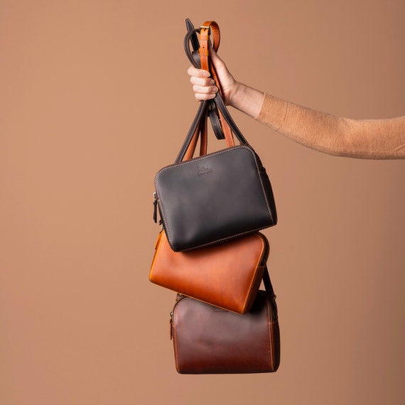 【Anyone more】Nosen Mini Leather Cross Bag Leather Crossbody Bag for Women With Two Zippers