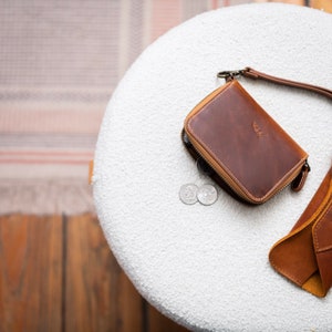 Mini billetera de cuero personalizada con cremallera para mujer, con correa, billetera pequeña de cuero con cremallera, billetera minimalista para tarjetas de crédito.