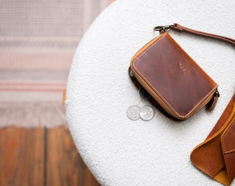 Mini billetera de cuero personalizada con cremallera para mujer, con correa, billetera pequeña de cuero con cremallera, billetera minimalista para tarjetas de crédito.