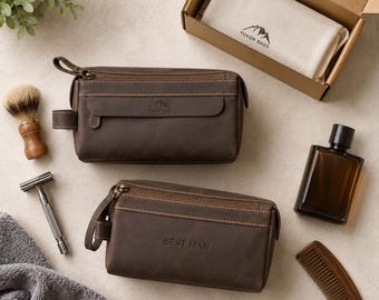 Leather Dopp Kit for Men, Personalized Toiletry Bag, Engraved Groomsmen Gift