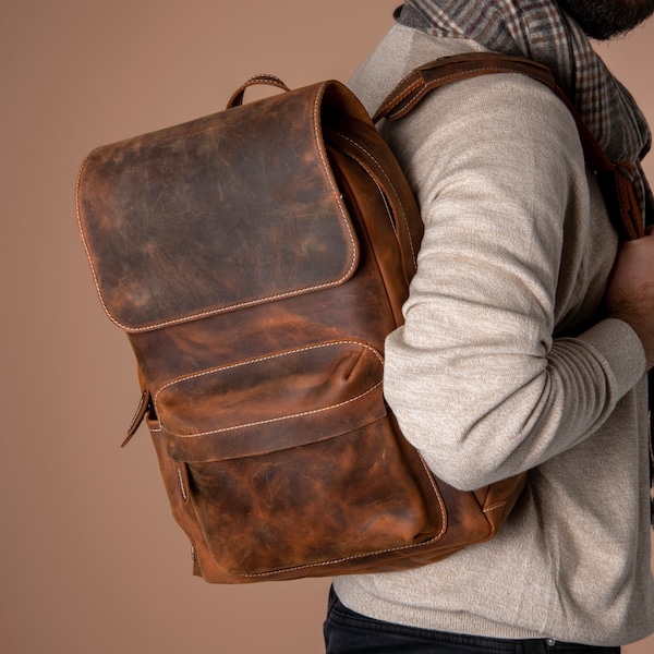 Leather 15-inch Laptop Backpack, Personalized Men Leather Backpack, Vintage Backpack Gifts for him, Gifts For Son