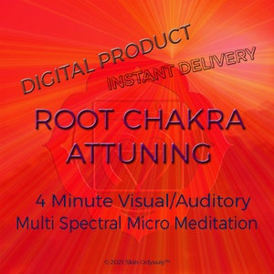 May include: A digital product for root chakra attunement. The image features a red background with a purple heart shape and the text "ROOT CHAKRA ATTUNING" in purple. The text "DIGITAL PRODUCT INSTANT DELIVERY" is also visible in the image. The text "4 Minute Visual/Auditory Multi Spectral Micro Meditation" is also visible in the image. The text "©2021 Skin Odyssey™" is also visible in the image.