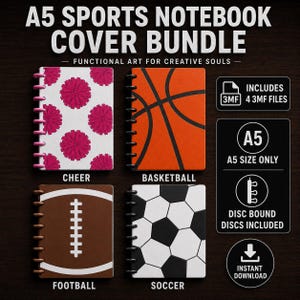 May include: A set of four A5 disc-bound sports notebook covers featuring designs for cheer with pink pom-poms, a basketball, a brown football, and a black and white soccer ball. The bundle includes four 3MF files for A5 size notebooks.