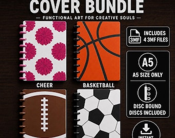 Paquete de fundas para cuadernos deportivos A5 con encuadernación de discos: porristas, baloncesto, fútbol americano y fútbol soccer. Archivos 3MF + discos imprimibles.