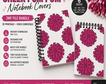 Funda para cuaderno con pompones de animadora (archivo 3MF), paquete de fundas deportivas imprimibles en 3D, compatible con Cinch, tamaños A5, A6, 3x5, 4x6, media carta y cuarto de carta.