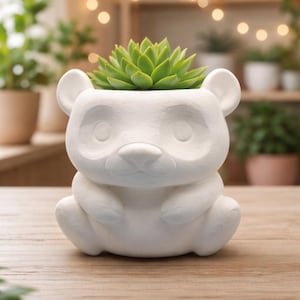 May include: A white ceramic panda-shaped planter holding a green succulent. The planter has a bear-like face with ears, eyes, and a nose. The succulent is a vibrant green color. The planter is sitting on a wooden surface.