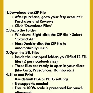 Puede incluir: Un fondo amarillo con texto negro que detalla c&oacute;mo abrir una compra. Las instrucciones incluyen la descarga de un archivo ZIP, la descompresi&oacute;n de la carpeta, la apertura de archivos STL y el corte e impresi&oacute;n. El texto tambi&eacute;n menciona las compras de Etsy.