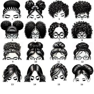 Digital Display Card, Black-And-White Hairstyle Illustrations PDF, Messy Bun And Ear Warmer