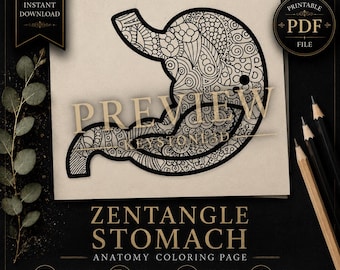 Página para colorear en PDF de un estómago con técnica Zentangle
