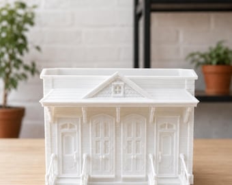 Maceta para suculentas con diseño de casa adosada de Nueva Orleans, color blanco, impresa en 3D.