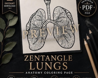 Página para colorear en PDF de un pulmón con técnica Zentangle