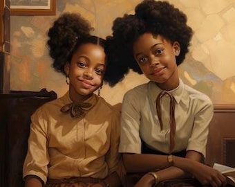 Arte de pared imprimible de hermandad / Retrato digital de niñas afroamericanas / Decoración de dormitorio de niña negra / Descarga de arte de estilo vintage / Habitación infantil