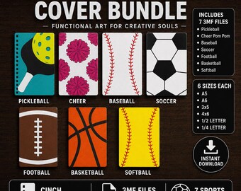Paquete de portadas para cuadernos deportivos (3 archivos MF), 7 diseños imprimibles, compatible con Cinch, béisbol, fútbol americano, baloncesto, fútbol soccer, softbol, porristas, pickleball.