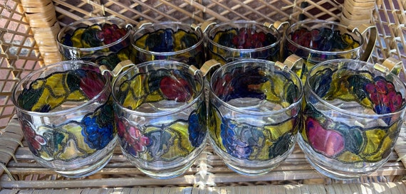 Vintage Stained Glass Fruit Motif, Set of 8 MCM Cups, Cups With
