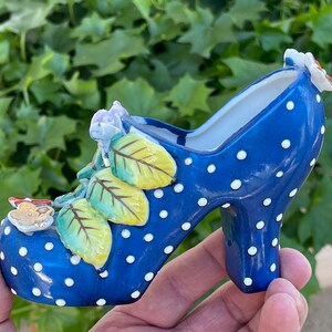 High Heel SHOE collectible, Vintage Ceramic Polka Dotted Blue Shoe, Small Candy Dish; Shoe Knick Knack, Antique Fancy Cabinet Shoe