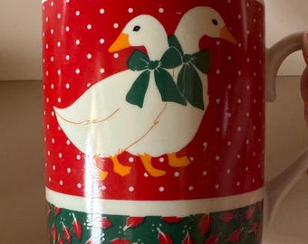 Vintage Country Goose Mug; Amscan 1980s Red Mug, Goose with green bow Red Polka Dot Cup