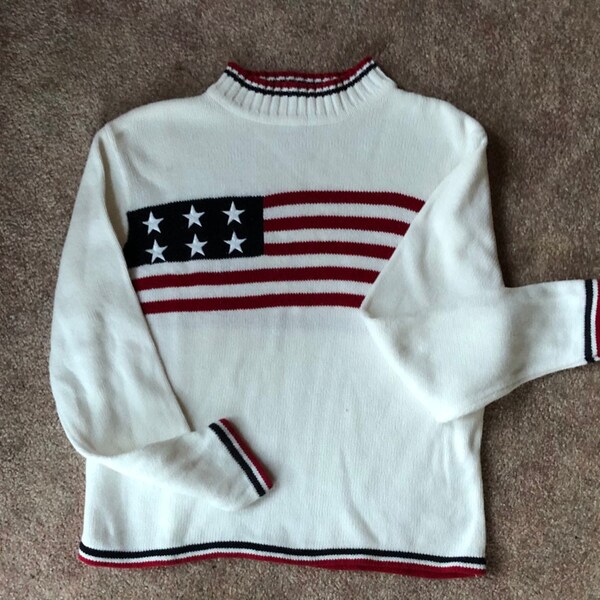 Bandera americana de los años 90 Grueso acanalado Estiramiento azul marino Adorno azul marino como Ralph Lauren Suéter S / M; Suéter del Día de la Independencia, Suéter del 4 de julio