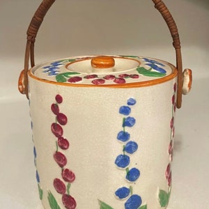 Old Cookie Jar, Stoneware Biscuit Jar, 1920&#39;s Ice Bucket, Hollyhocks Ice Bucket, Woven Handle Ice Bucket, Bamboo Handle Biscuit Jar;