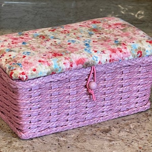Sewing Box with Fabric Padded Cloth Covered Hinged LId; Perfect size for chair crafting supplies; Pink Wicker Bottom Basket; Sewing Organize