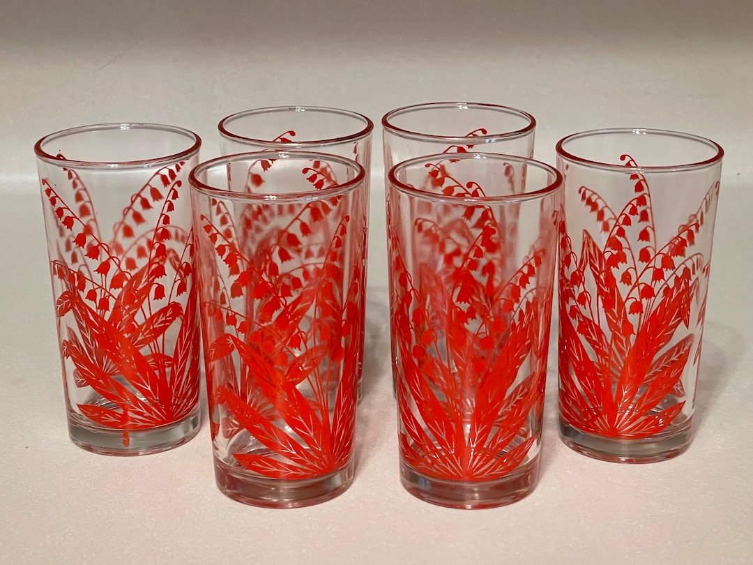 Vintage Set of 6 Red Lilies Drinking Glasses Retro Glasses Etsy