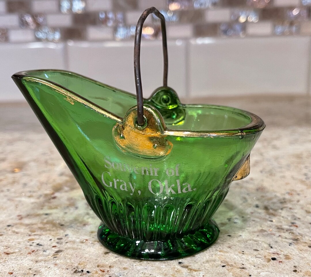 Coal Scuttle Green Souvenir Bucket Ashtray, Souvenir of Gray Oklahoma